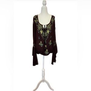 Free People NWT Bohemian Embroidered Brown Long Sleeve Blouse - Size “XS”